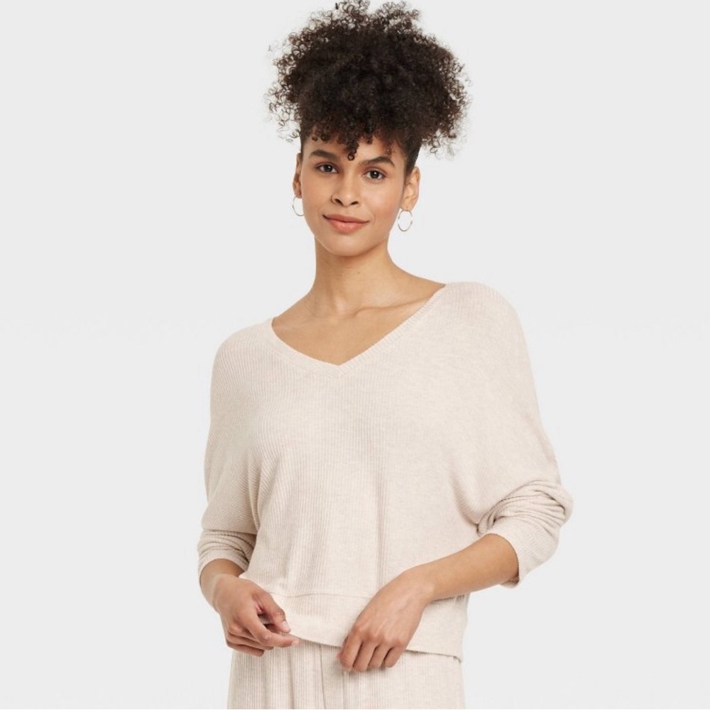 Auden Women's Cozy Ribbed Pullover Oatmeal V Neck XL Relaxed Fit Top